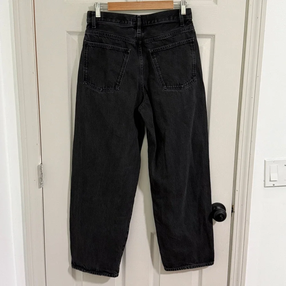 Uniqlo Denim Pleated Trousers Womens 26 Black Wide Leg‎ Barrel High Rise Denim